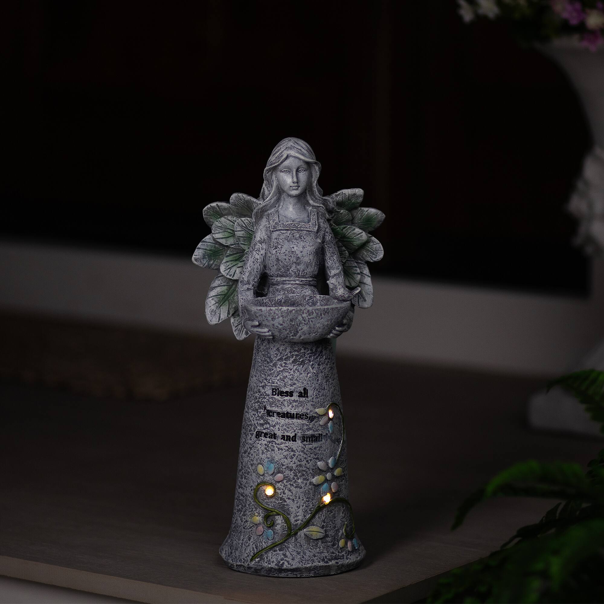 LED Solar Lighted Bless All Creatures Outdoor Garden Birdbath - 16"